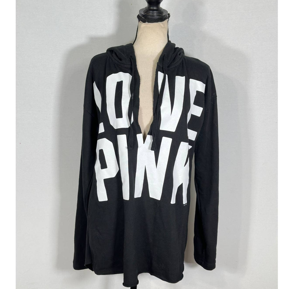 Love Pink Victoria's Secret Black White Pullover Hoodie Women's Size Large